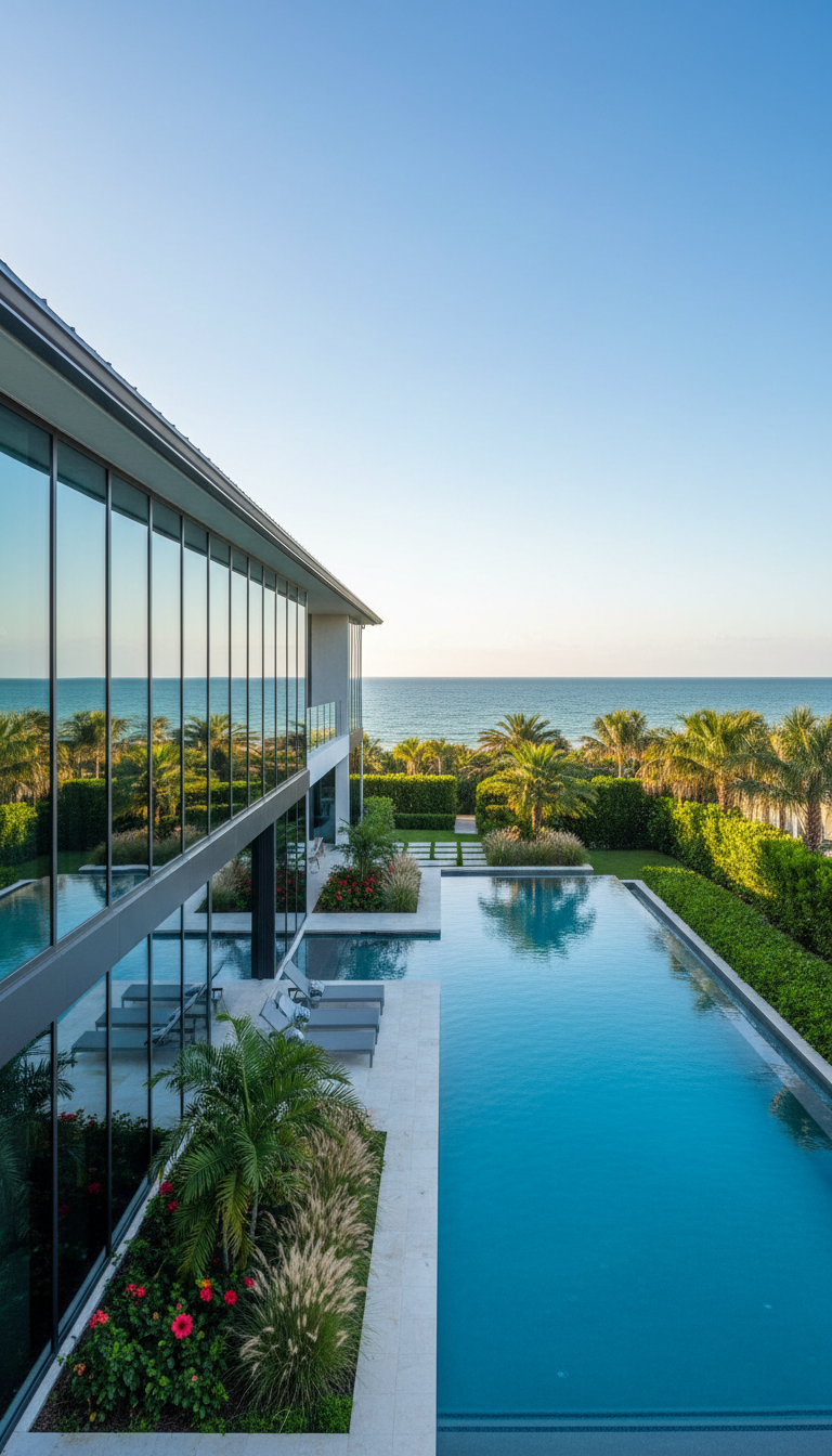 A panoramic view of an ultra-modern luxury Florida home with floor-to-ceiling glass walls reflecting vibrant tropical landscaping. The residence sits alongside a pristine infinity-edge pool with crystal-clear turquoise water. Palms and well-manicured hedges frame the property, while the background reveals glimpses of blue ocean and a clear sky. Late afternoon sunlight bathes the home, casting gentle golden highlights on the glass and water, creating a fresh and luminous atmosphere. Captured from a slightly elevated, wide-angle perspective, the scene features a balanced, spacious composition with sharp clarity throughout. The overall style is photographic realism with a clean, sophisticated, and inviting mood, emphasizing both opulence and coastal relaxation, perfect for a high-end real estate investment site.